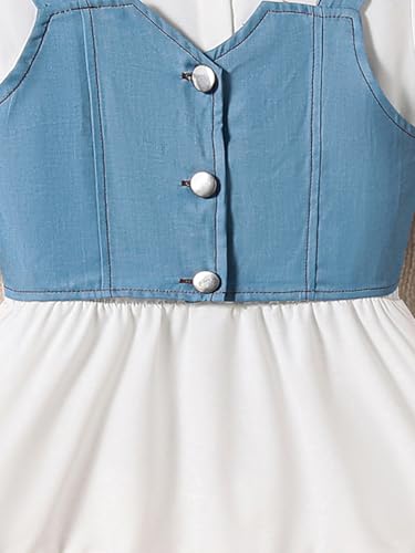 Verdusa Girl's 2 Piece Summer Outfit Button Up Denim Crop Tops with Puff Sleeve Flowy Dress Set4