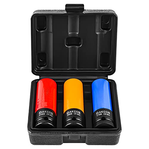DAKCOS 3PCS 1/2-Inch Drive Lug Nut Impact Socket Set, 17mm, 19mm, 21mm Wheel Protector