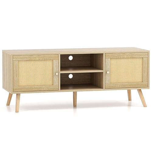 Multigot TV Cabinet for TVs up to 55”, Rattan TV Stand Media Entertainment Center with 2 Doors & Open Shelves, Wooden TV Unit Console Table for Living Room Bedroom
