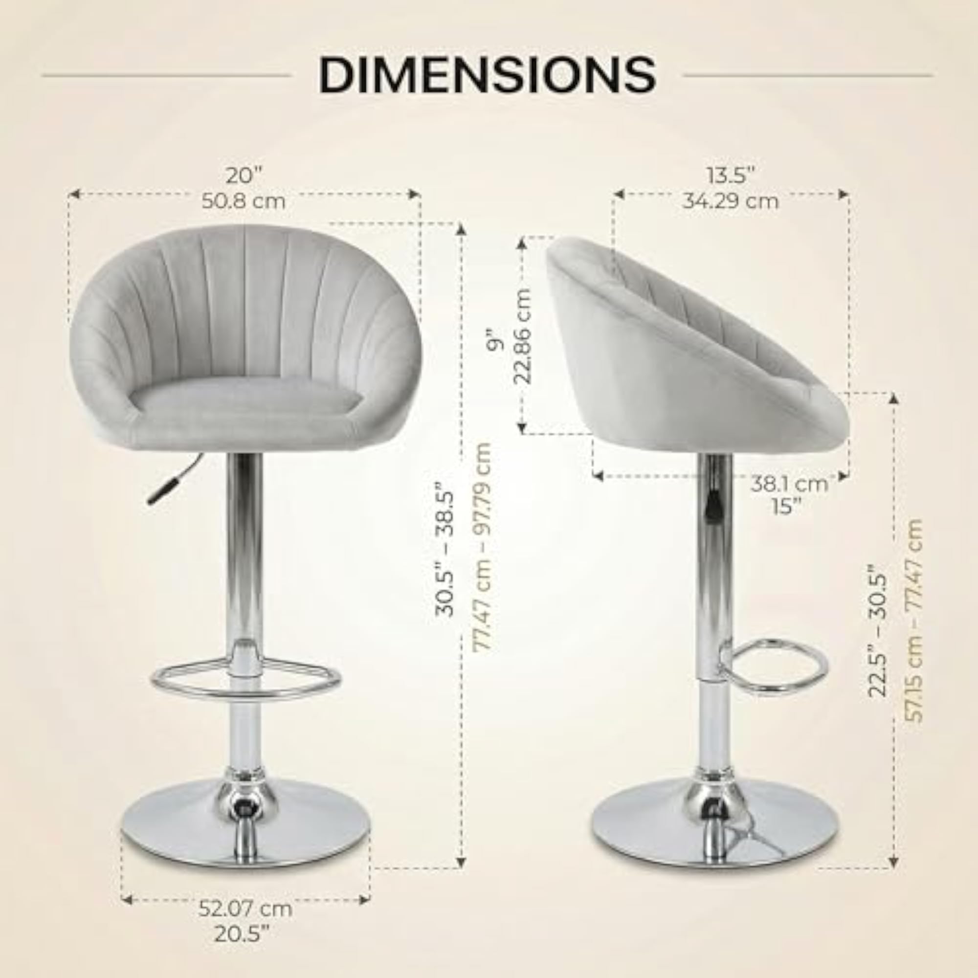 Adjustable Velvet Bar Stool Chair with Chrome Base