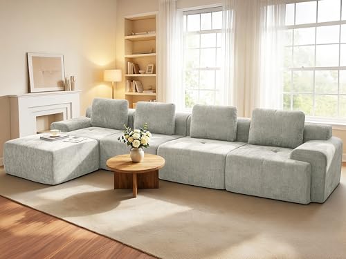 Image of 159 inch L Shaped Oversized Boneless Couch, Comfort Cloud Sectional Couches for Living Room, Modular Sofa High Back & Extra Deep Seat, No Assembly, Soft Chenille(Light Grey, 159 inch-L shaped(4+1))