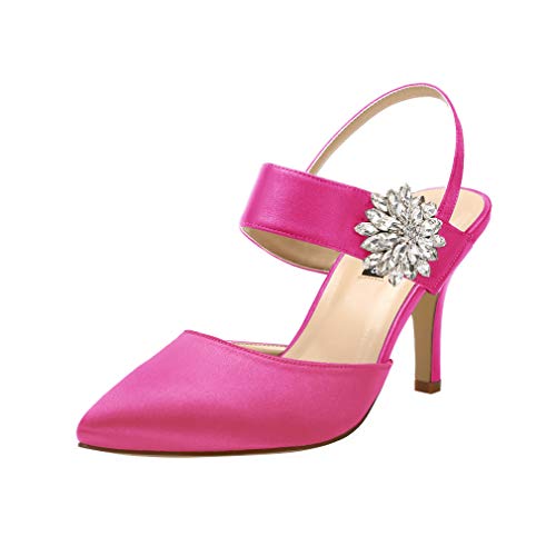 Image of ERIJUNOR Mid Heel Shoes for Women Pointed Toe Slingback Rhinestone Brooch Satin Dress Pumps Evening Prom Wedding Shoes