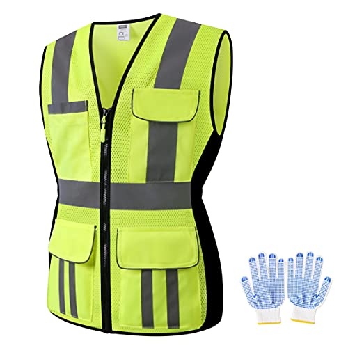 JKWEAR Women Safety Vest, Multi Pockets High Visibility Reflective Breathable Mesh Work Vest For Lady, Durable Zipper (Small, Yellow)
