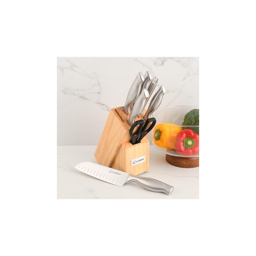 KATISUN 8 Piece German Steel Knife Set With Block, Ergonomic Handle Chef Knives, Sharpener and Shears for Chopping, Slicing and Cutting