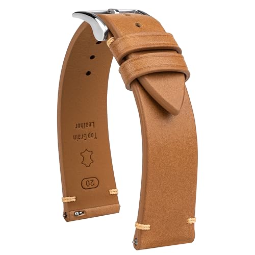 Gomvadr Handmade Slim Vintage Top Grain Leather Watch Strap, Quick Release, 18 mm/19 mm/20 mm/21 mm/22 mm, Silver/Black Buckle, Tan/Brown/Blue/Black/Coffee, Unisex for Men Women (Yellowish Brown with Silver Buckle, 18mm)