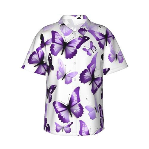 Chemise hawaïenne manches courtes imprimé papillons blancs et violets d'été