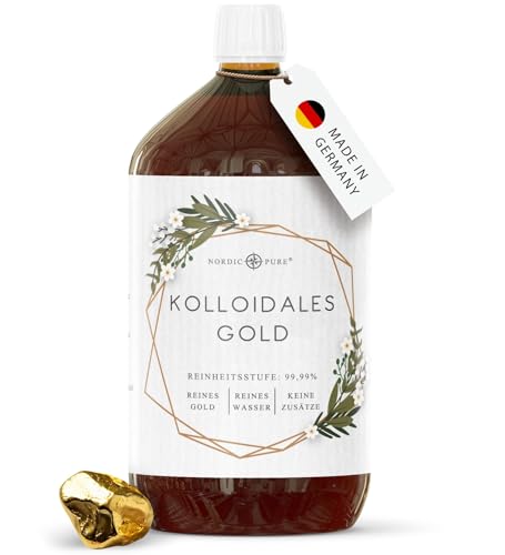 Kolloidales Gold 1000ml - 20 PPM von Nordic Pure | Reinheitsstufe 99 99% | Hochdosiert in Braunglasflasche | Made in Germany