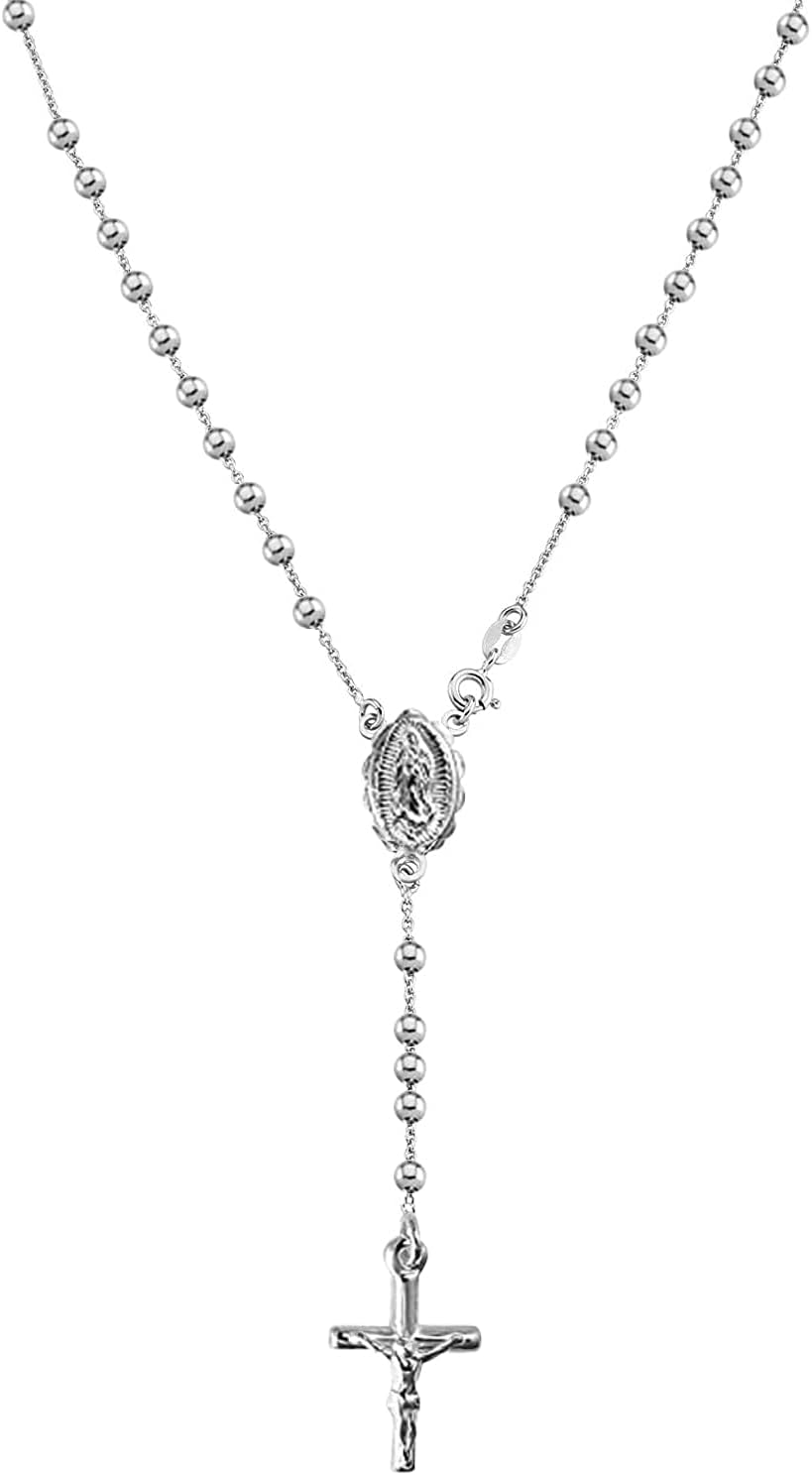 Savlano 925 Sterling Silver Italian Solid Bead Chain Cross & Rosary Virgin Mary Pendant Y Necklace Comes With Gift Box for Women - Made in Italy