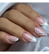 White French Tip Press on Nails with Silver Glitter Line Designs Short Almond Fake Nails Acrylic ...