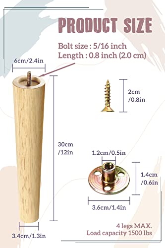 Gosche 12 Inch Furniture Legs, Round Solid Wood Chair Legs Bench Leg, Mid Century Modern Replacement Table Legs For Home Diy Projects Tv Cabinet, Ottoman, Dresser, Armchair, Bed, Cabinet（Set Of 4） #TOP1