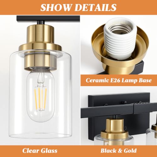 Image of 8-Light Bathroom Light Fixture Black and Gold Vanity Lights,52 inch | Vanity Lights for Bathroom,Clear Glass Shade,over Mirror,Modern Wall Sconces Farmhous Wall Mounted for Bathroom,E26 Base