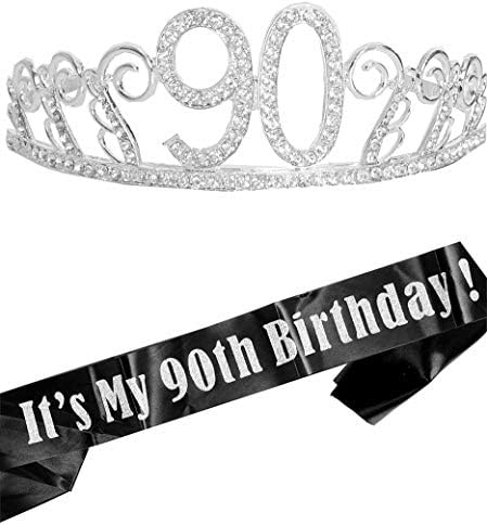 90th Birthday Sash and Tiara for Women - Fabulous Glitter Sash + Waves Rhinestone Silver Premium Metal Tiara for Her, 90th Birthday Gifts for 90 Celebration