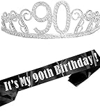 90th Birthday Sash and Tiara for Women - Fabulous Glitter Sash + Waves Rhinestone Silver Premium Met