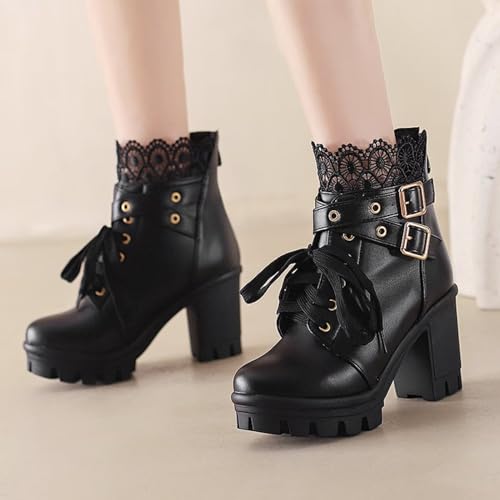 MEOTINA Goth Platform Boots Lace Buckle Gothic Cosplay Booties Chunky High Heels Ankle Boots Zipper Punk Shoes4