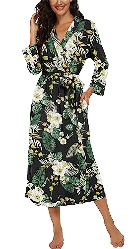 Image of VINTATRE Robes for Women Long Knit Bathrobe XS-4XL | 3 /4 Sleeve Bathrobes with Pockets, Stretchy and Lightweight Fabric, Inner Tie and Fixed Outer Matching Belt, Mid Calf Length