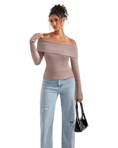 Image of SUUKSESS Women Off Shoulder Sweaters Long Sleeve Ribbed Knit Going Out Fall Tops Blouse