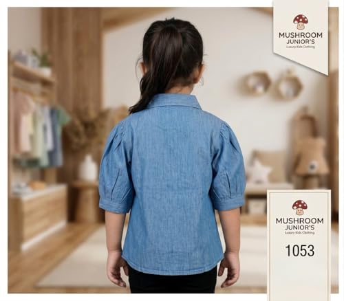 Image of Kids' Denim‑Look Chambray Shirt with Sewn‑in Tee, Puff Sleeves, Casual Layered Top