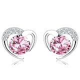 Silver Stud Earrings for Women, Stud Earrings Pink Cubic Zirconia Heart Studs│Dainty Earrings Jewellery Gifts for Girls
