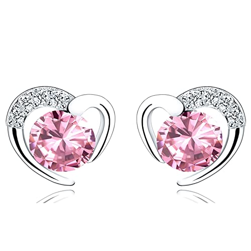 Image of Silver Stud Earrings for Women, Stud Earrings Pink Cubic Zirconia Heart Studs│Dainty Earrings Jewellery Gifts for Girls