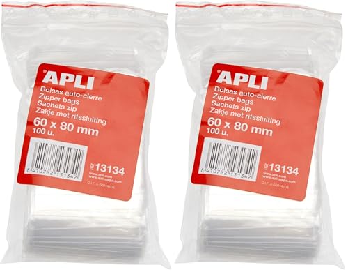 APLI 13134   Pack de 100 bolsas de plástico con autocierre, 60 x 80 mm (Paquete de 2)