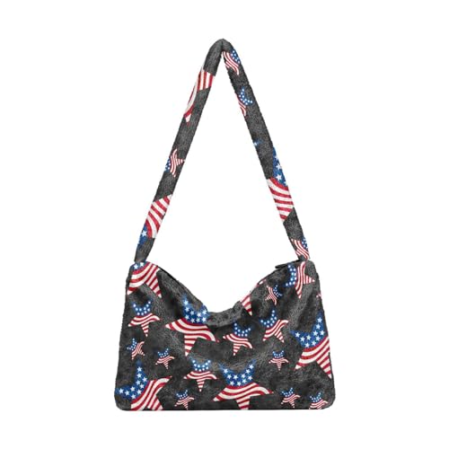MCHIVER Schultertasche mit USA-Flagge, Sterne, für Damen, pelzige Umhängetasche, Hobo-Handtasche, Geldbörsen für Teenager, Mädchen, Universität, USA Flagge Sterne, Einheitsgröße