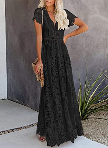 Blencot Womens Casual Floral Lace Deep V Neck Short Sleeve Long Evening Dress Cocktail Party Maxi Wedding Dresses Bohemian Flowy Boho Dress Black X-Large #TOP6