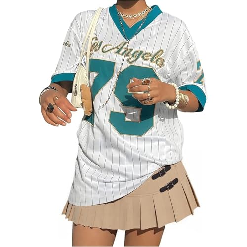 Oversized Jersey Shirts for Women V Neck Striped Number Graphic Tees Y2k Jerseys Short Sleeve Streetwear Summer Tops