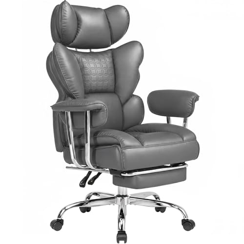 Image of DUMOS Big and Tall Office Chair 400 LBS, Scratch-Resistant PU Leather Executive Office Desk Chair with Footrest, Ergonomic Reclining Computer Chairs with Pocket Spring Support, Grey