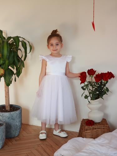 Pearl Tulle Flower Girl Dress for Wedding Bow-Knot Ruffle Sleeve Ball Gowns V-Back Satin Birthday Pageant Long Dress3
