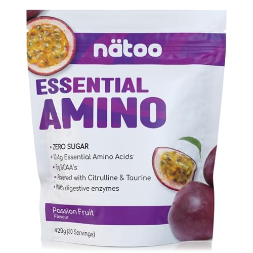 Nätoo Essential Amino Passion Fruit - Aminoacidi Essenziali in Polvere con BCAA, Vitamina C, B6, B12, Glutammina, Bromelina, Taurina, Citrullina - Prestazioni, Recupero al Top - Eaa Senza Zucchero