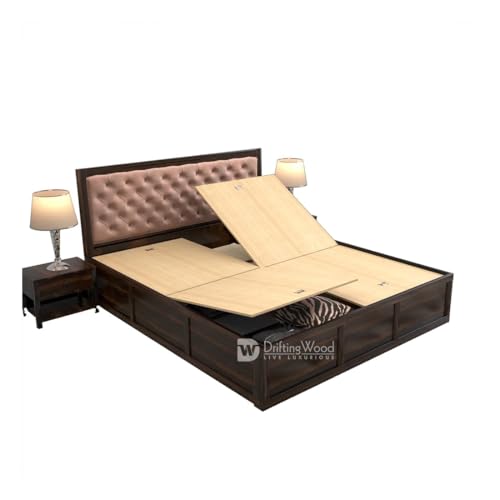 Image of DRIFTINGWOOD Dolvi Solid Sheesham Wood King Size Bed with Storage | Wooden Double Bed Cot Bed with Box Storage & Pink Velvet Upholstered Cushioned Headboard for Bedroom | Walnut Finish