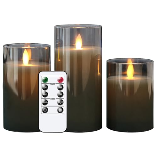 Image of GenSwin Battery Operated LED Flameless Flickering Candles with 10-Key Remote Control, Moving Wick Pillar Glass Candles Real Wax for Festival Wedding Christmas Home Party Decor(Pack of 3, Gray)