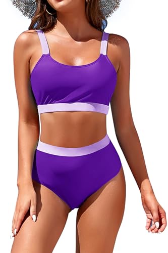 Image of Womens High Waisted Bikini Sets Sporty Crop Top Color Block Swimwear Bandeau Scoop Neck Vintage Two Piece Bathing Suits