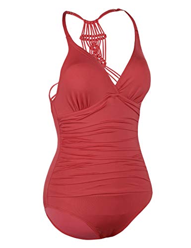 Image of Firpearl Women's Tummy Control One Piece Bathing Suits V Neck Swimsuits Hand-Braid Macrame Ruched Slimming Swimwear