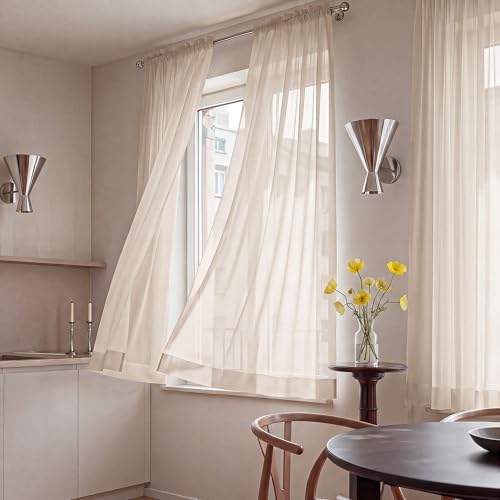 Image of NICETOWN Taupe Sheer Curtains for Kids Room, W42xL63, 2 Panels | Rod Pocket Lightweight Drapes Voile Sheer Air & Breathable Home Decor Window Treatments for Bedroom