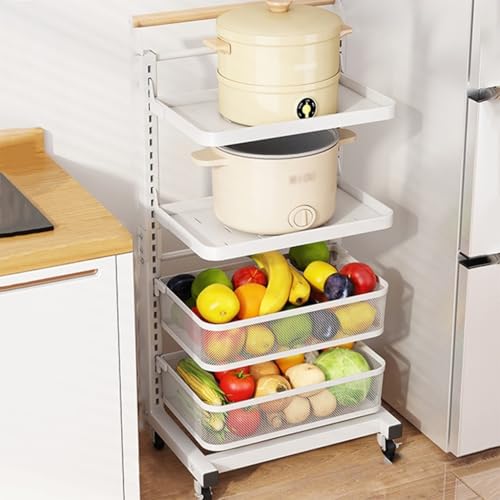 Cesta para verduras de 4 niveles, frutero multifuncional con ruedas, carrito organizador móvil ajustable con asa de madera, resistente soporte para ollas de pie para cocina, baño y garaje (blanco)