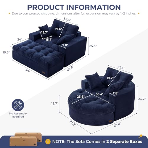 Image of MAXYOYO Modular Sectional Chaise Lounge Sofa, 2 Sets Upholstered Lounge Chair with Ottoman, Comfy Round+ Square Couch with Layered Cushion, Tufted Sleeper Chair for Living Room, No Assembly, Navy
