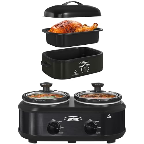Image of Sunvivi 14-Quart Electric Roaster Oven with Self-Basting Lid And Double Slow Cooker,Turkey Roaster Oven with Removable Pan and Rack,2 Pot Small Mini Crock Buffet Servers and Warmer.