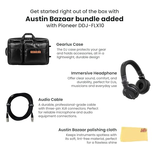 Image of Pioneer DJ DDJ-FLX10 4-Channel Professional DJ Controller - Black Bundle with Carrying Case, HDJ-CUE1 Headphones, XLR Cable, and Austin Bazaar Polishing Cloth