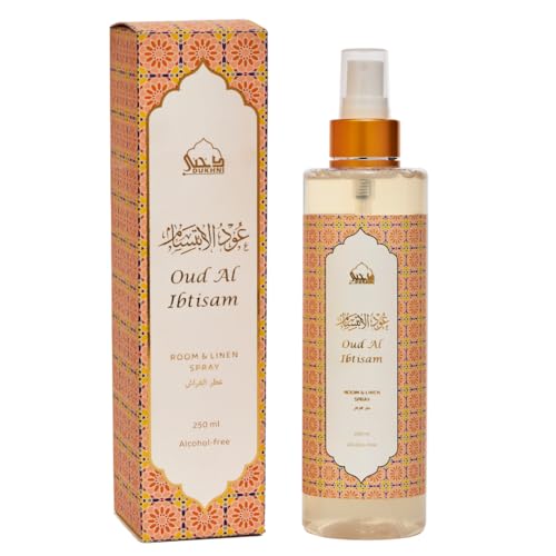 Oud al Ibtisam Arabic Room Spray by Dukhni | 250ml Oud fragrance Air Freshener, Attar al Faraash for home & prayer mats | Bed linen, Sofa Mist, natural home scent, curtain spray, odour eliminator