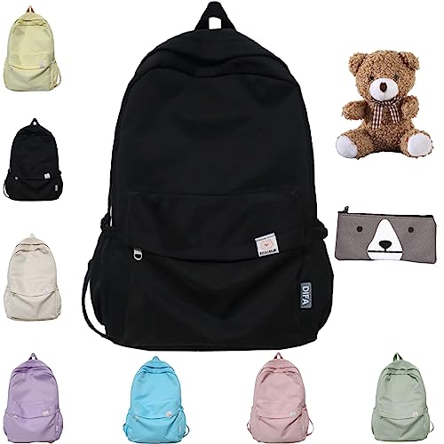 Camic Cute Aesthetic Backpack for Women, Solid Color Backpack Lightweight Classic Backpack for Women Laptop, Backpack Casual Kawaii Backpack for Travel, Work (Black)