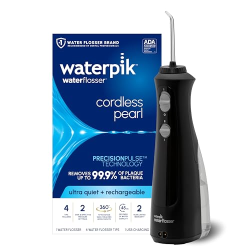 Waterpik Cordless Pearl Water Flosser Rechargeable Portable Water Flosser for Teeth, Gums, Braces Care and Travel with 4 Flossing Tips, ADA Accepted, WF-13 Black