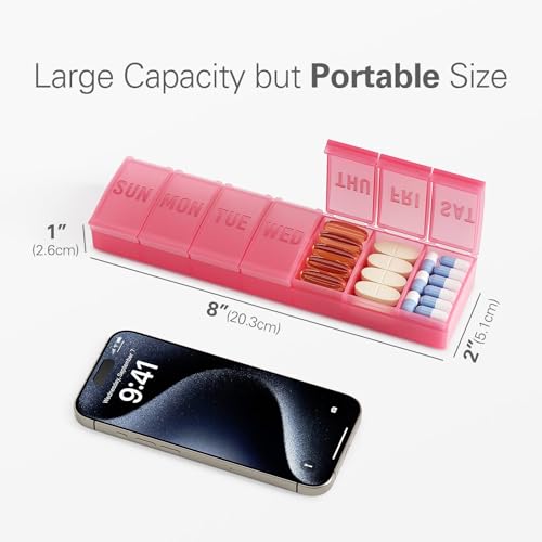 Image of Barhon Pill Organizer Large, Weekly Medicine Pill Organizers, 7 Day Pills Box Case Travel for Big Vitamin Supplements Fish Oil, Red