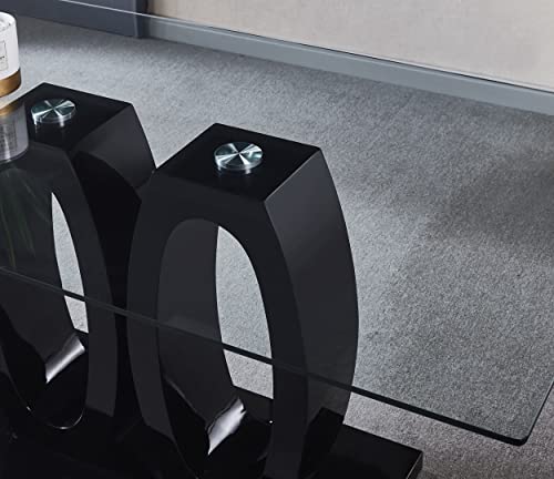 Henf 63" Contemporary Dining Table For 6, Tempered Glass Top Dining Room Table With High-Gloss Double Pedestal, Rectangle Dinner Table Kitchen Table Home Office Meeting Table (Black) #TOP5
