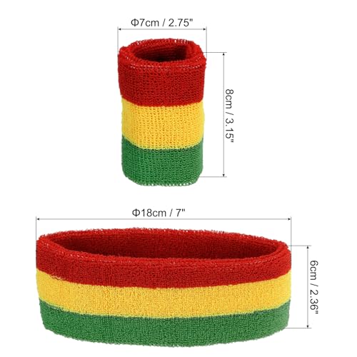PATIKIL Sports Wristbands Headband Set, 7x8cm Cotton Terry Cloth Athletic Absorbent Sweatband 18x6cm Headband for Tennis Basketball Running, Red Yellow Green (1 Headband & 2 Wristbands) - Image 2