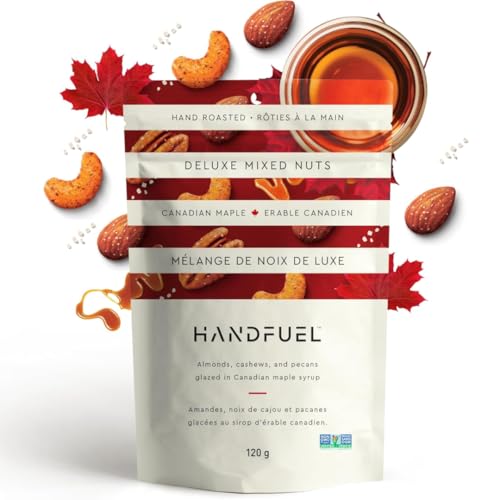 handfuel - Handfuel Canadian Maple Deluxe Mixed Nuts, Blend of Cashews, Almonds and Pecans, 4g of Protein, Hand Roasted Plant Based Flavoured Nuts, Gluten Free - 150 Grams