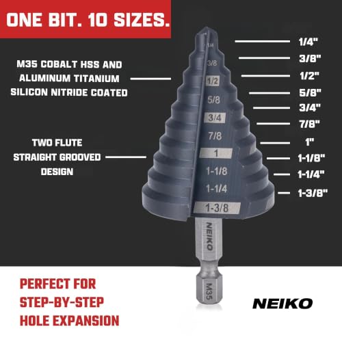 Image of NEIKO 10613B Step Drill Bit, 10 Steps 1 /4 inch to 1-3 /8 inch Straight M35 Cobalt, AlTiSiN Coated, 1 /4 inch Quick Change Step Bits for Steel, Metal, Wood, Plastic, Unibit Cone Drill Bits, Two Flute