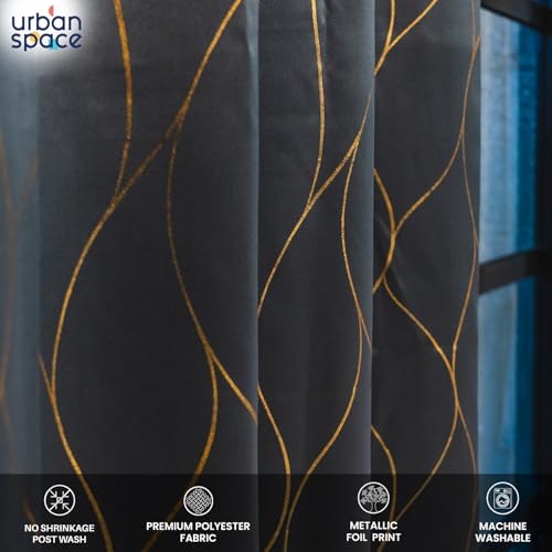 Image of Urban Space 80-85% True Blackout Curtains for Door, Gold Foil Printed Blackout Curtains, Blackout Decorative Door Curtain Eyelet with Tieback, 1 Piece Curtain for Living Room(Wave Stone Gray, 7 Feet)