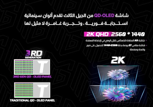 ماجيستي شاشة العاب OLED 27 انش 2K QHD | QD-OLED | 280Hz | 0.03ms | HDR400 | 157% sRGB | 10 بت | جي سينك & فري سينك | HDMI 2.1 | DP وUSB-C | فيسا | مكبرات صوت مدمجة | خلفية RGB | حامل مرن