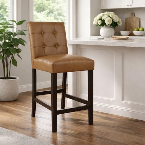 Image of HomePop Button Tufted Counter Stool, 24-Inch, Carmel Faux Leather (Set of 2)